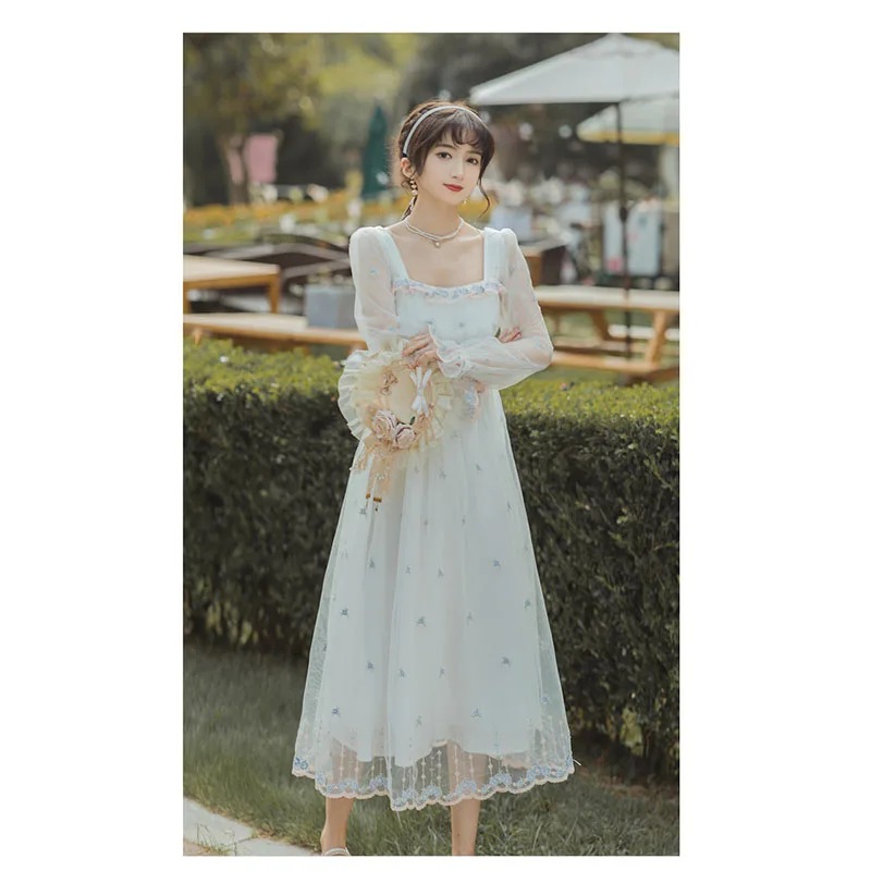 

Fairy Mesh Women's Long Dress 2022 Spring and Autumn Square Neck Floral Print Elegant Evening Dress Sweet Women's White Dress