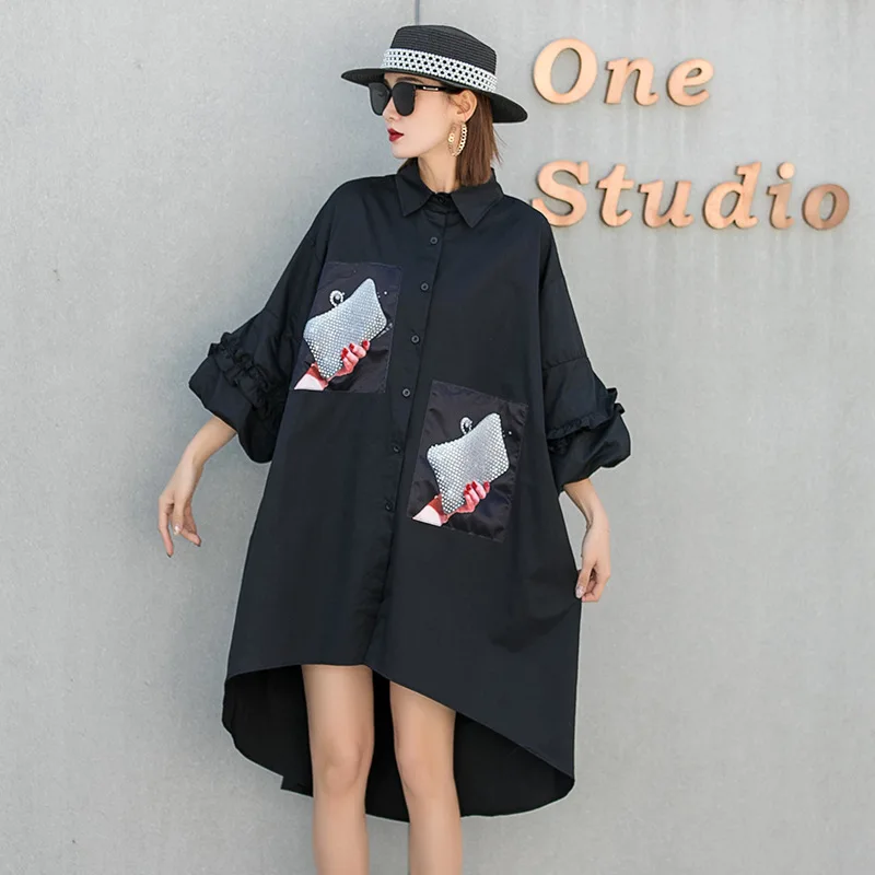 

SuperAen Модная рубашка размера плюс с рукавами-фонариками, Однотонная рубашка с отложным воротником, новинка весны 2022, свободные женские топы ...