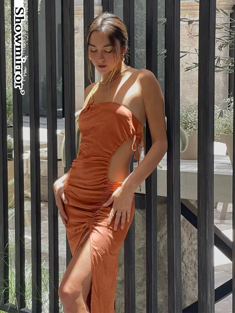 

Showmirror Straps Sexy Off Shoulder Ruched Maxi Dress Women Summer Elegant Club Party Backless Sleeveless Slit Dresses Clothes