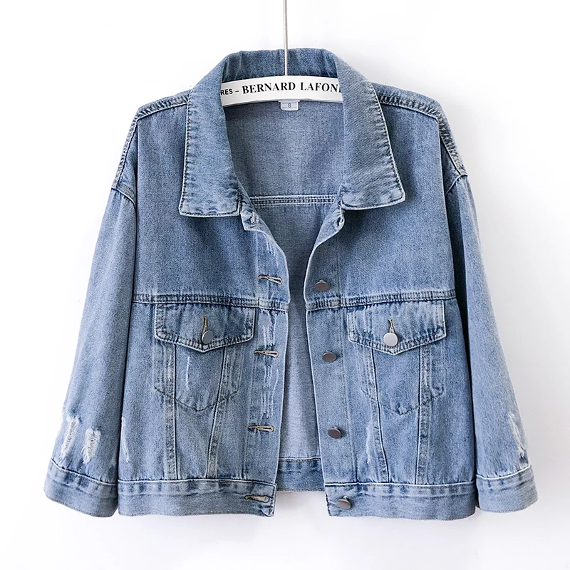 

Spring Vintage Blue Holes Denim Jackets Women Loose Short Cowboy Outerwear Three Quarter Sleeve Big Pocket Jeans Jacket Female