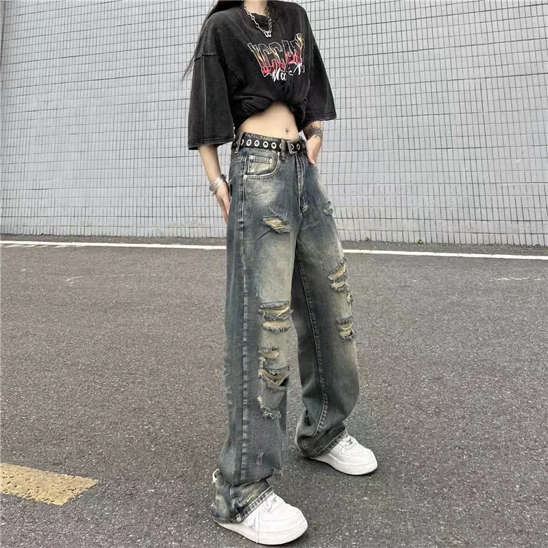 

Washed Ripped Jeans Women Retro Y2k Streetwear High Waisted Jeans 2022 Summer Clothes For Women Casual Wide Leg Jeans Femme