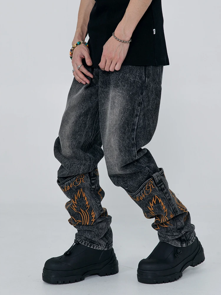 Джинсы IEFB мужские с вышивкой винтажные длинные брюки из денима в стиле пэчворк