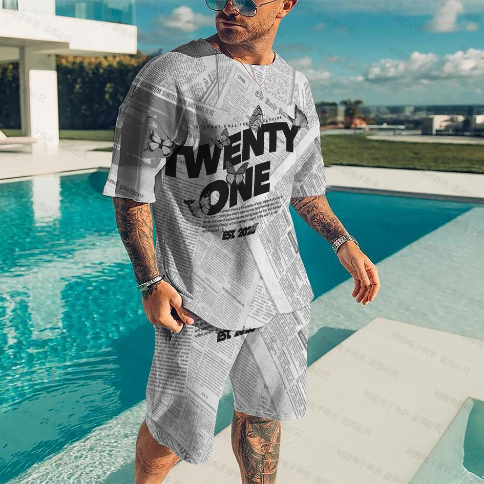 

Nostalgic Newspaper T-Shirt Old Newspaper 3D Men's Casual Fashion Hip Hop Funny Short Sleeve Streetwear Retro Top Shorts Set