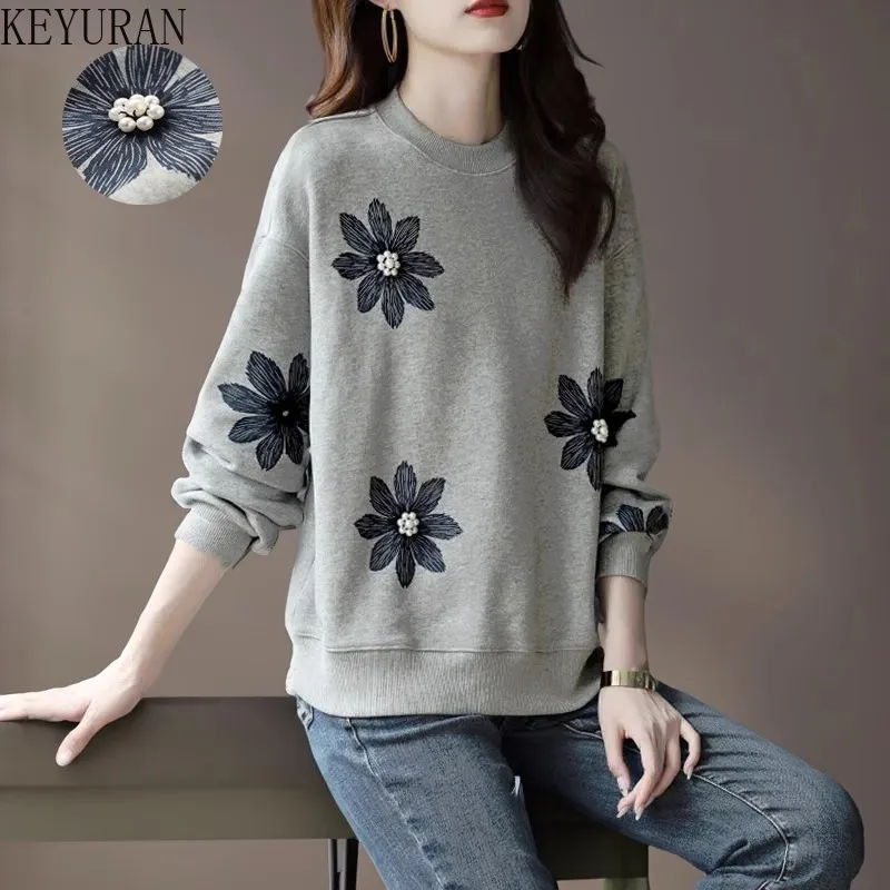 

Женские толстовки и свитера с цветочным принтом и бисером, осень 2023, повседневные универсальные модные футболки с круглым вырезом и длинным рукавом, топы