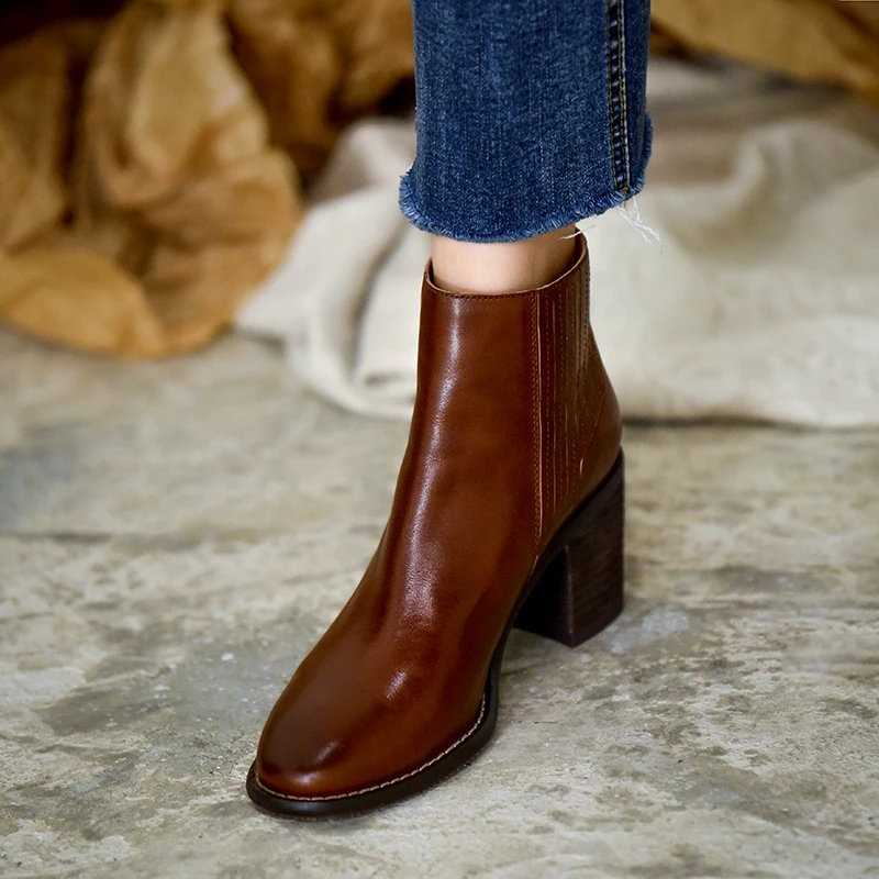 Женские ботильоны из воловьей кожи на Высоком толстом каблуке с молнией сзади