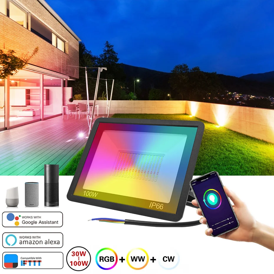 

Smart Flood Light Led 30W 50W 100W 220V IP66 Waterproof Outdoor LED Projector Street Garden Wall Lamp WiFi App Control RGB Light