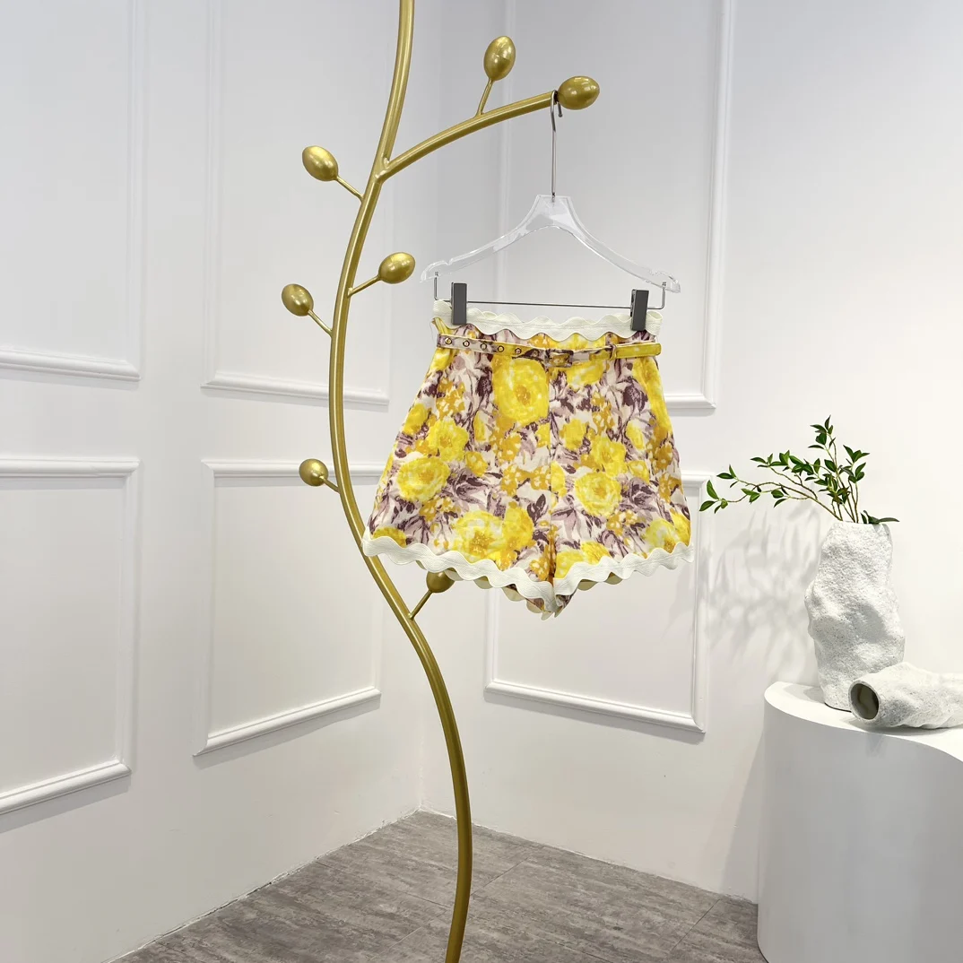 

Женские шорты с цветочным принтом, желтые льняные шелковые шорты с вышивкой на подоле, 2023