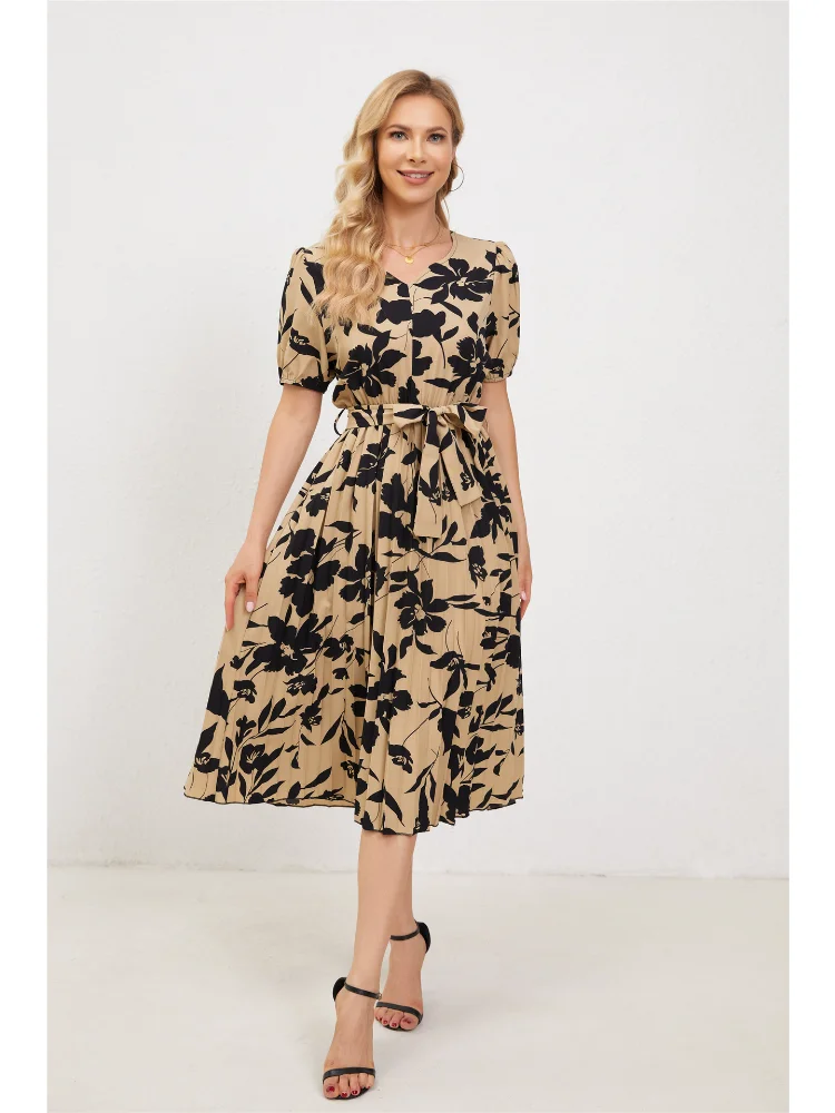 

Женское платье до колен с цветочным принтом, элегантный повседневный модный офисный пуловер с коротким рукавом и V-образным вырезом, платье с высокой талией, новинка на лето