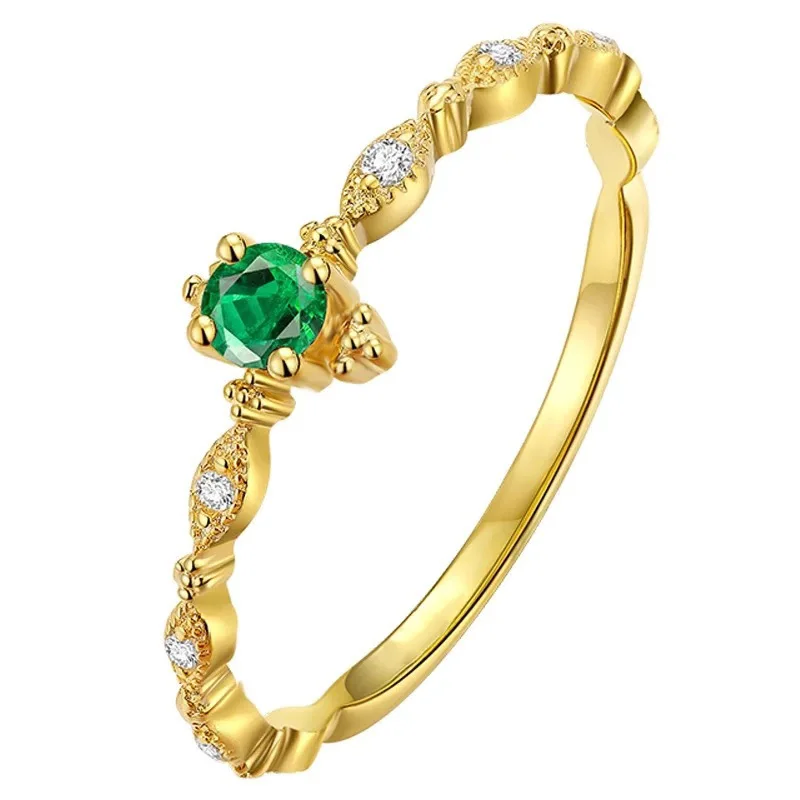 

925 Sterling Silver Plated 14K Gold Inlaid Emerald Zircon Slim Ring for Women Fashion Simple Jewelry Best Gift for Girlfriend