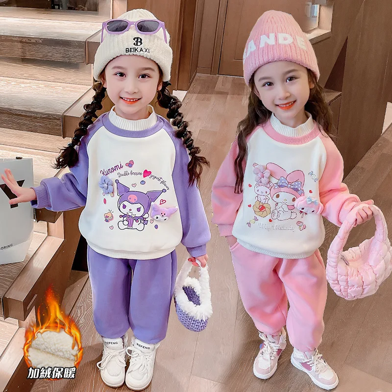 

Sanrioes Anime Kuromi Melody Kids Princess Plush Set Kpop Y2K Boy Girl Sweatshirt Tops Sweatpant 2Pcs Casual Clothes Sportswear
