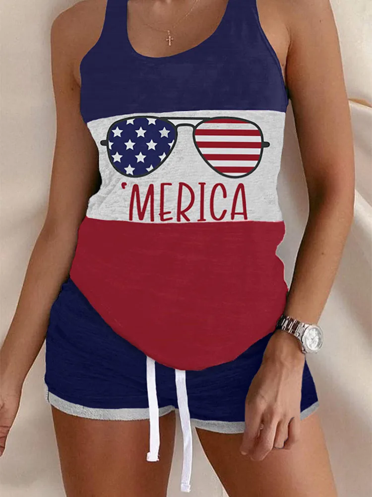 Ladies Sexy 2Piece Flag Color Block Tank And Short Pajamas Set Shorts Set Pijama Suit Sleepwear for Women Sexy Nighties Homewear