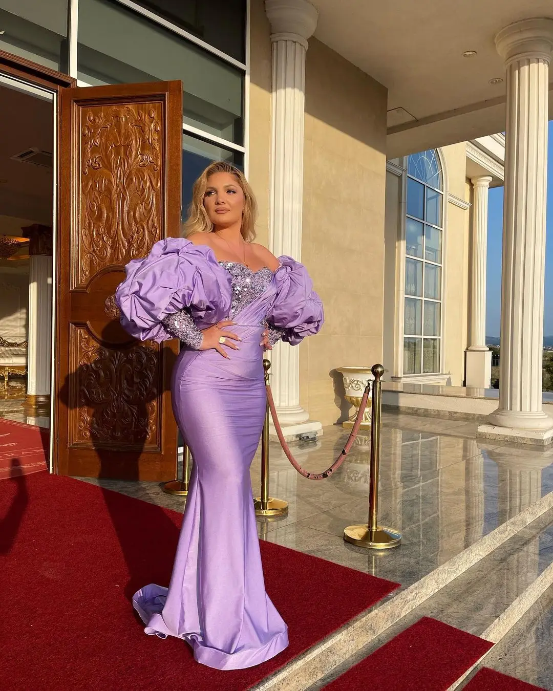 

Vintage Puff Sleeves Mermaid Prom Dresses Sweetheart Sequined Beadings Pleated Floor Length Formal Party Dresses