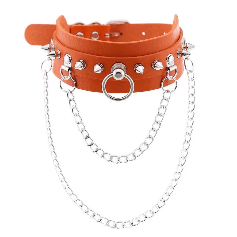 Punk Gothic Rock and roll Individuality Fashion Rivet Spike Ring Leather collar Pendant Metal chain Neck strap Collarbone