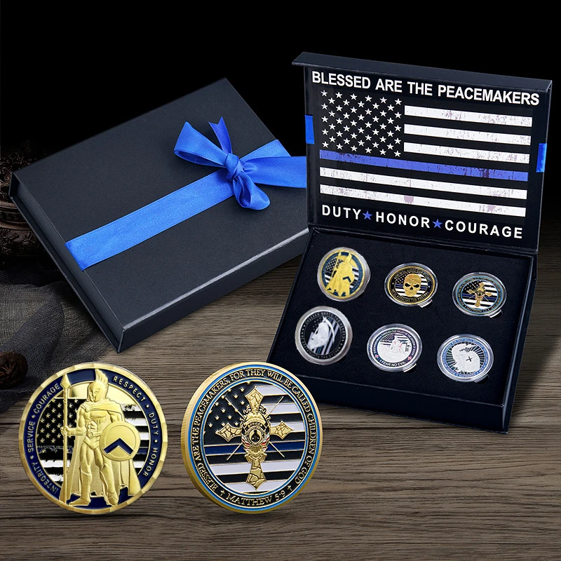 

US ST. Michael Police Officer Challenge Coin Thin Blue Line God Bless Law Enforcement Police 6 Commemorative Coins with Gift Box