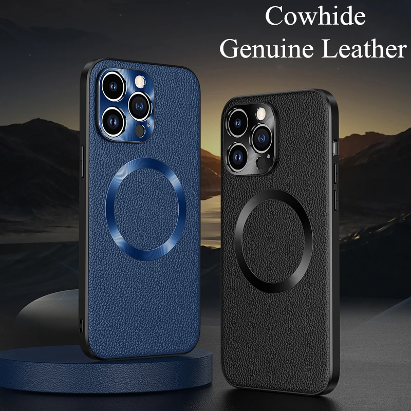 

Genuine Leather Magnetic Wireless Case for iPhone 14 Pro Max 12 13 14Plus Luxury Metal Camera Protection Back Cover for Magsafe