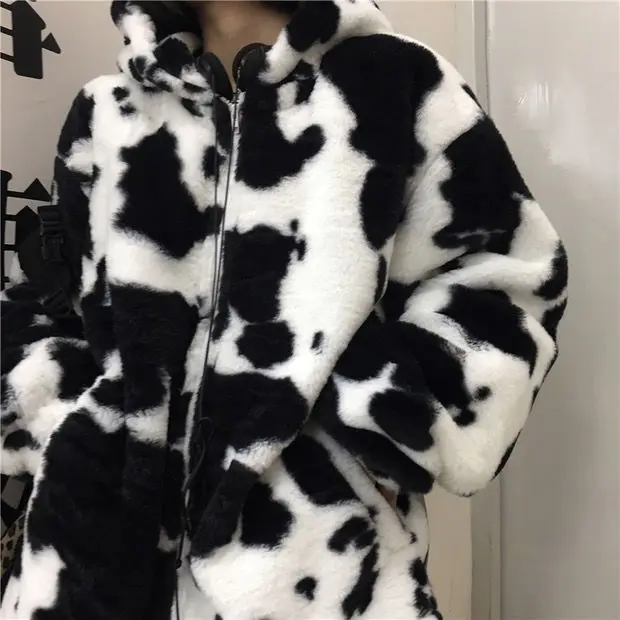 Hoodies Zipper Women Winter Furry Cows Pattern Hooded Coat Women's Loose Top Cotton-Padded Coat Hoodies Sweatshirts Tops Men