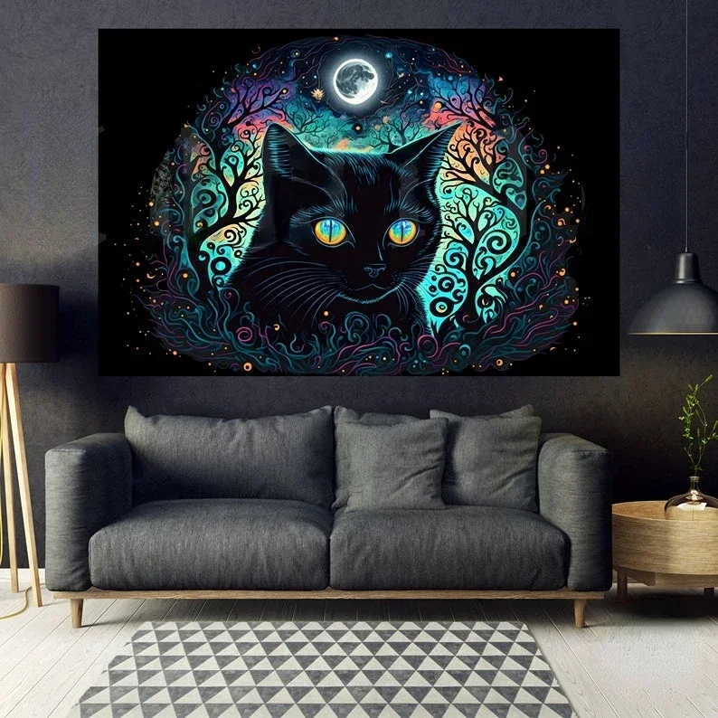 Настенный гобелен в виде кошки-ведьмы настенное искусство ведьмы декор Луны для