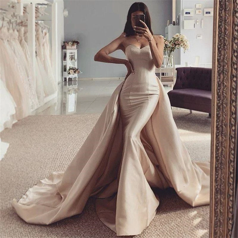 

Haute Couture Luxury khaki Satin Sweetheart The Bride Dress Mermaid Floor-Length Sweep Train Bespoke Wedding Dress