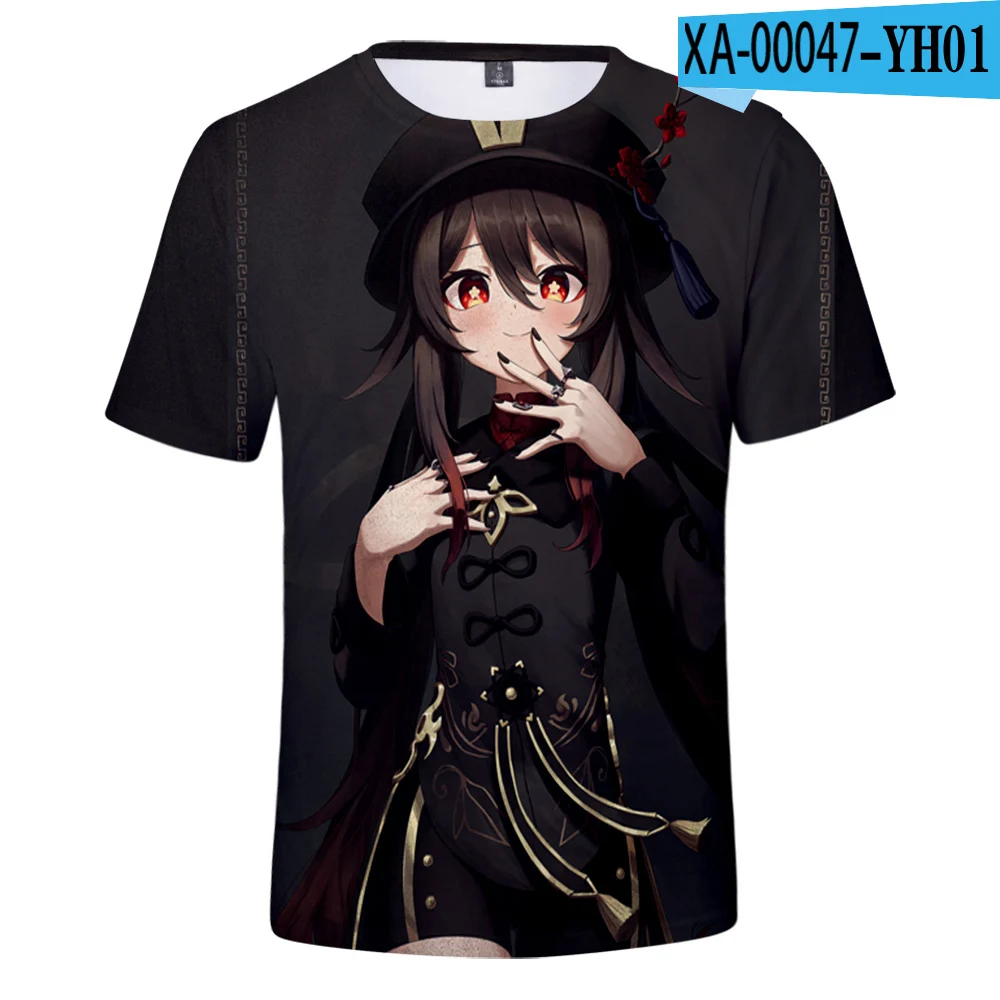 

Летние детские футболки с круглым вырезом и 3D-принтом Game Genshin Impact, милые топы для мальчиков и девочек с рисунком Ху Тао, модная трендовая детская одежда