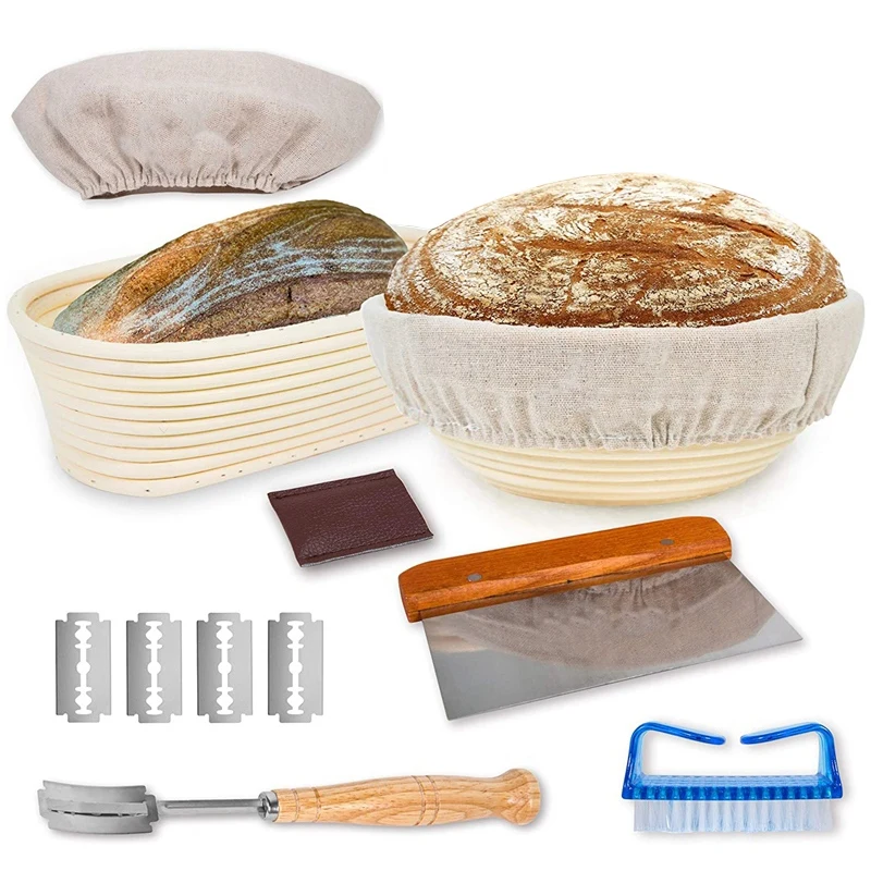 

Banneton Bread Proofing Basket Set Of 2, 9 Inch Round & 10 Inch Oval Rattan Sourdough Baskets,Dough Scraper,And More