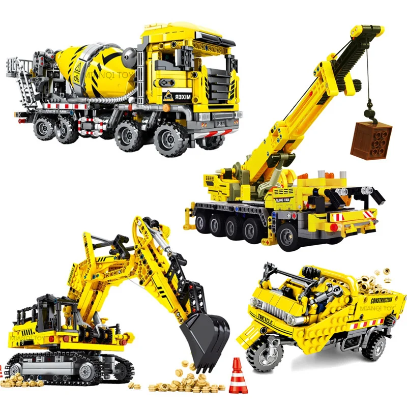 

Technical Engineering Concrete Mixer Truck Building Blocks Expert Mobile Crane Car Excavator Kit Bricks Toys for Boys Gift