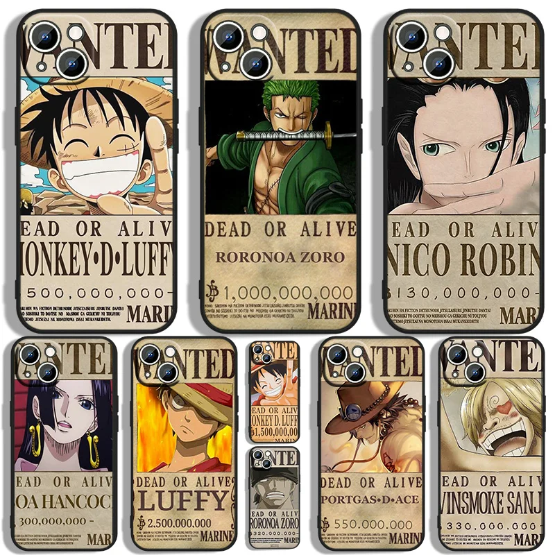 

One Piece Wanted Phone Case For Apple iPhone 11 12 13 14 Max Mini 5 6 7 8 S SE X XR XS Pro Plus Black luxury Silicone Soft Back