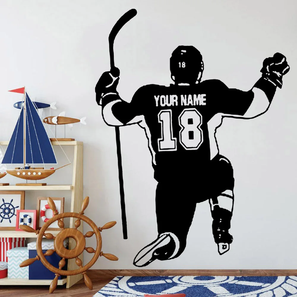 

Hockey Player Vinyl Decal Personalized Name And Number Boys Room Decoration Wall Sticker School Dormitory Mural