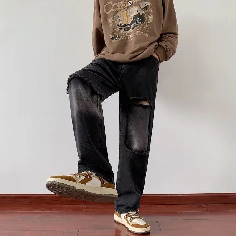 Summer Ripped Black Jeans Men Fashion Retro Casual Straight Jeans Men Streetwear Hip Hop Loose Hole Denim Pants Mens Trousers