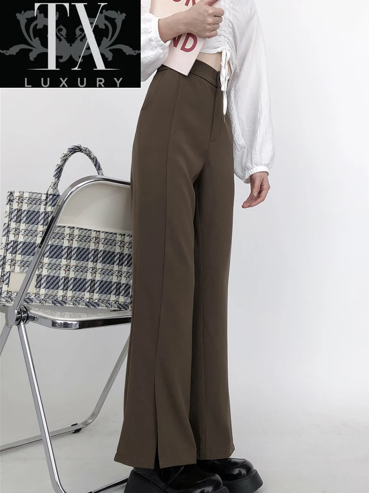 

Women Chic Office Wear Straight Pants Vintage High Waist Slit Ladies Trousers Baggy Korean 2022 Spring Summe Wide Leg Female New