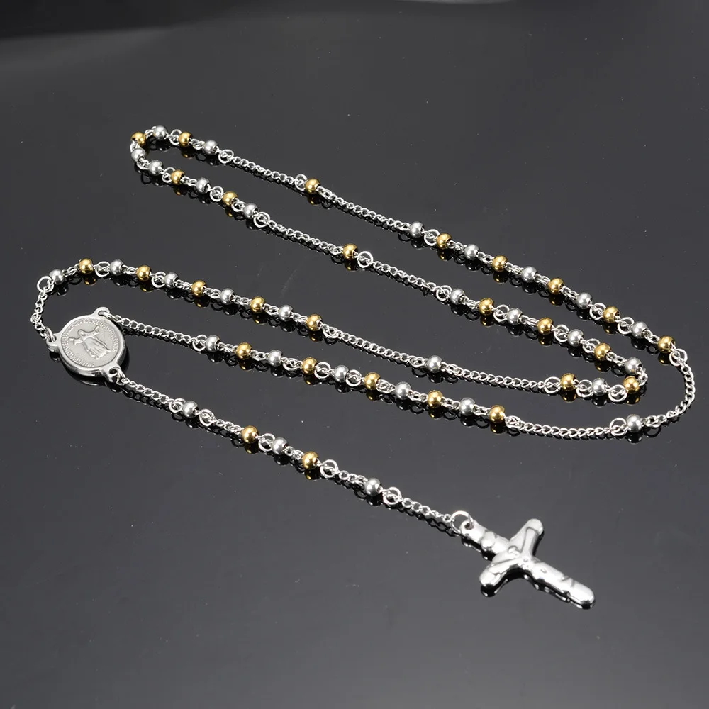 

Jesus Cross Rosaries Necklace Vintage Silver-Gold Color 4/6/8mm Wide 316L Stainless Steel Religious Beaded Necklace Jewelry