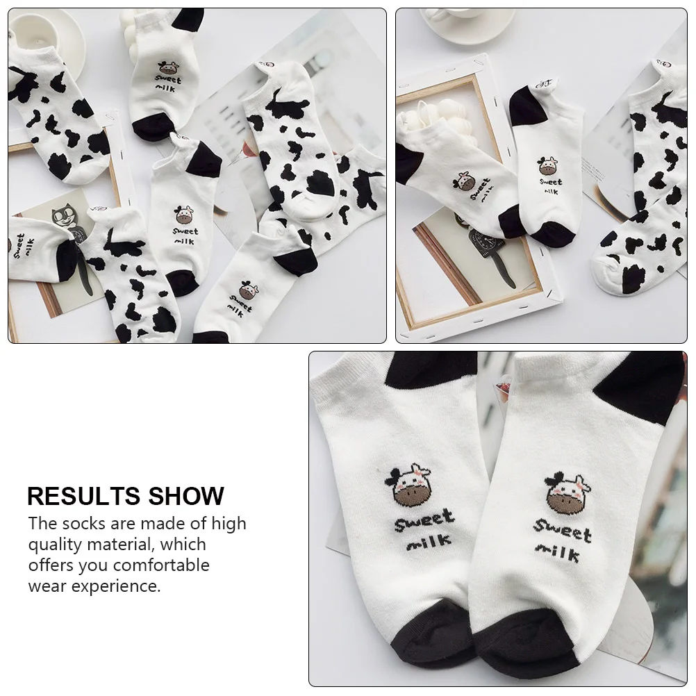 4 Pairs Features Socks Women Cow Pattern Crew Conner The Girl Low Cut Novelty Black White Striped Funny Design Show Cotton
