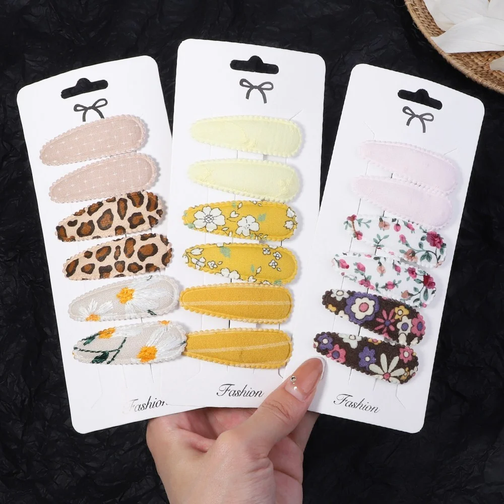 

6PCS/Set Cloth Soft Gentle Flower Hair Clips For Baby Girl Solid Color Plaid Kawaii Embroidery Hairpin Fashion Accessories Gift