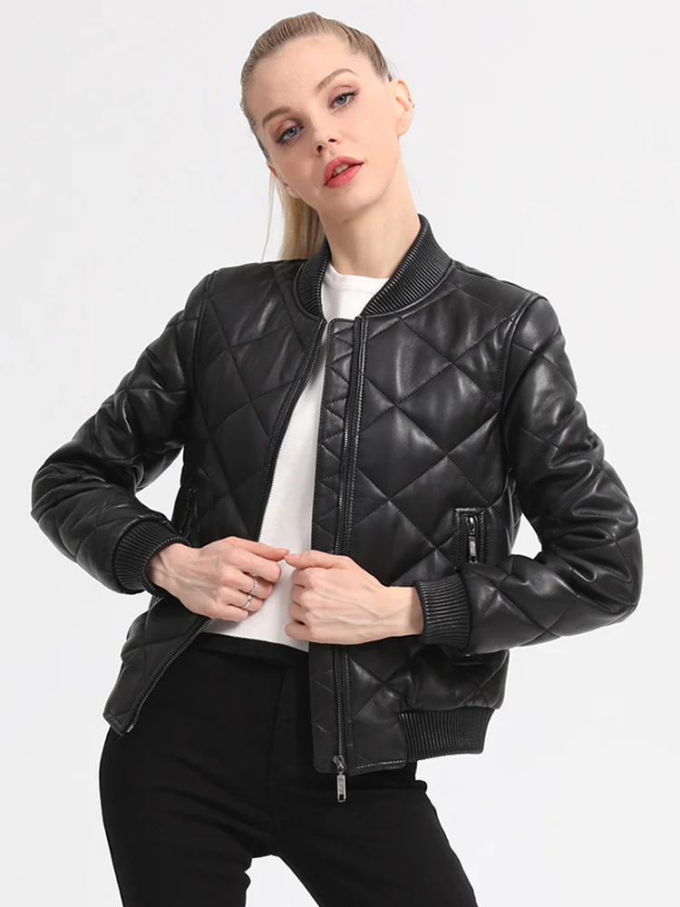 New Women Genuine Leather Jacket Autumn Winter Casual Thicken Stand Collar Sheepskin Baseball Jacket Slim Short Coat Female
