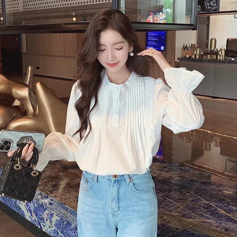 Модная женская блузка с круглым вырезом длинным рукавом рубашка женские топы