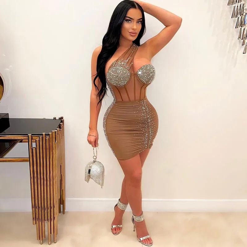 

Sexy Diamonds Rhinestones Mesh Patchwork Birthday Dress for Women Luxury 2023 One Shoulder Elegant Night Club Party Dresses