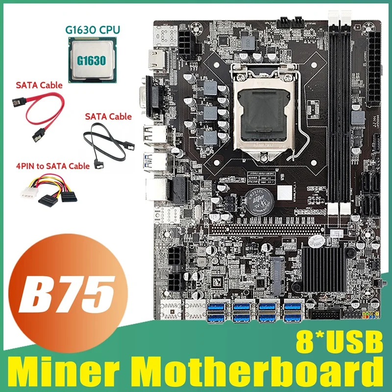 

B75 ETH Майнинг материнская плата 8xusb адаптер + G1630 ЦП + 2xsata кабель + 4PIN к SATA кабель LGA1155 B75 USB Майнер материнская плата