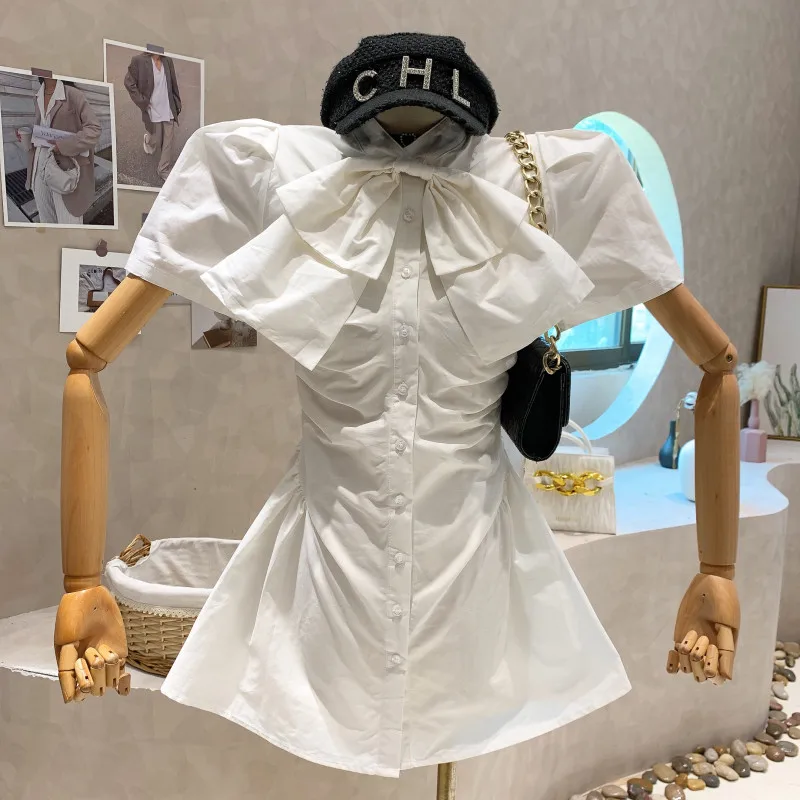 

Niche Design New Women 2022 Summer Sweet Bow Girl Slim Puff Short Sleeve Pleated Shirt Princess Dress Vestido Elegantes Para