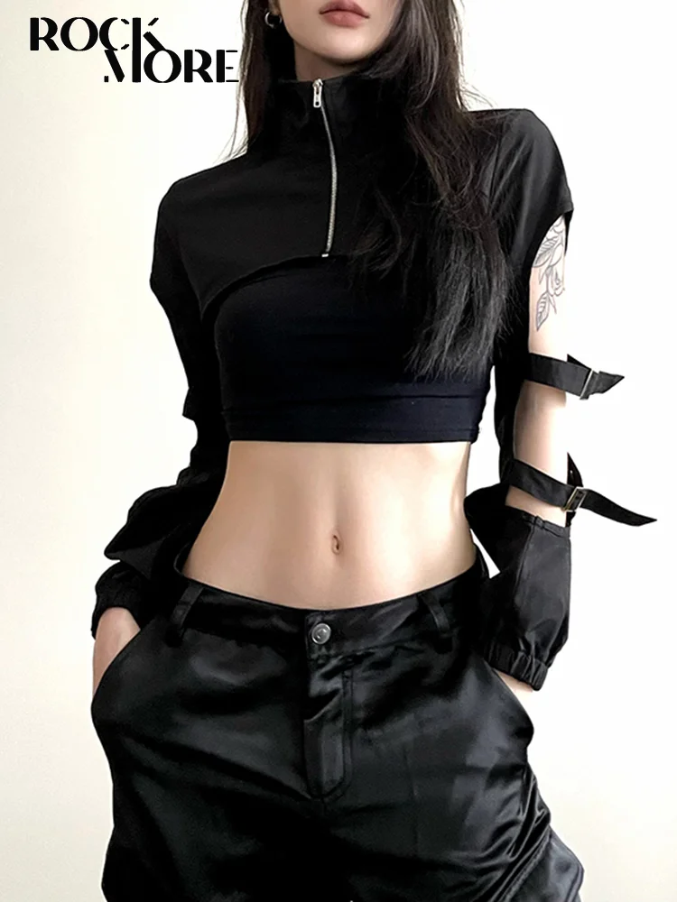 

Rockmore Hollow Out Cropped Jacket Women Punk Streetwear Black Short Coats Gothic Zipper Overcoat Top Hippie Outfits Techwear