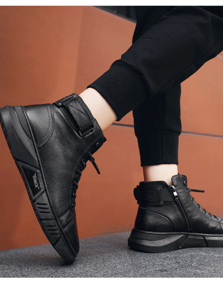 Men PU  Shoes British  Boots Plus Velvet Warm High-top Round  Casual Leather  Fashion Low-top New  for 
