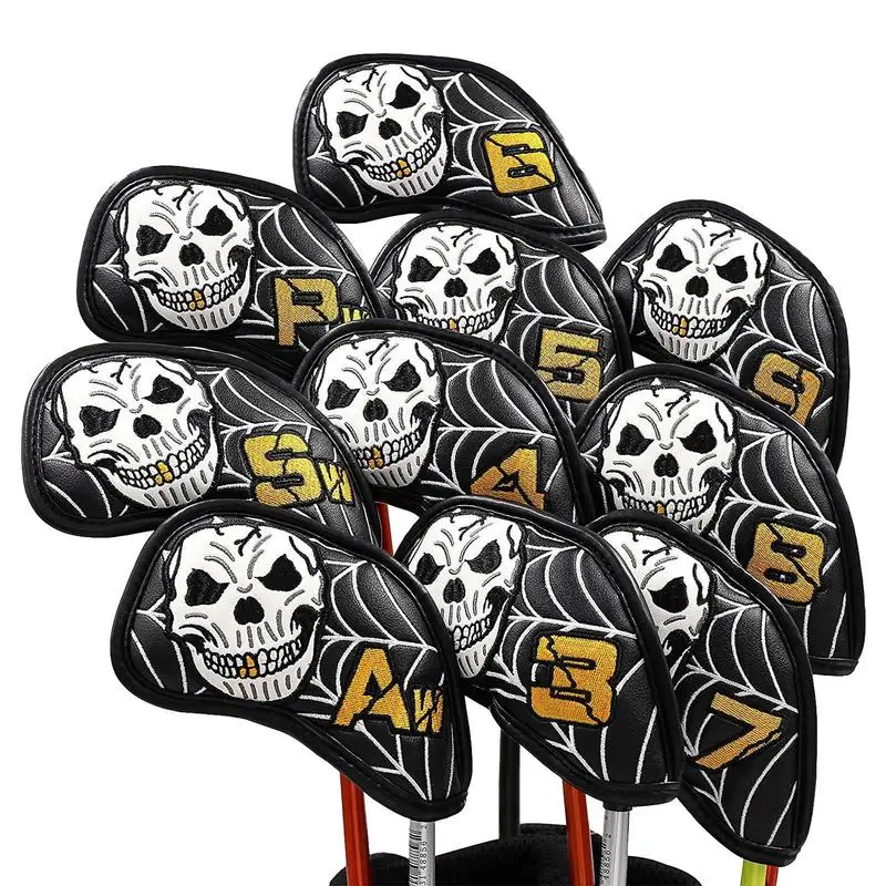 

Golf Club Cover 10pcs Portable PU Golf Club Iron Skull Pattern Protector Golfs Head Cover Golf Head Covers Set Waterproof Covers