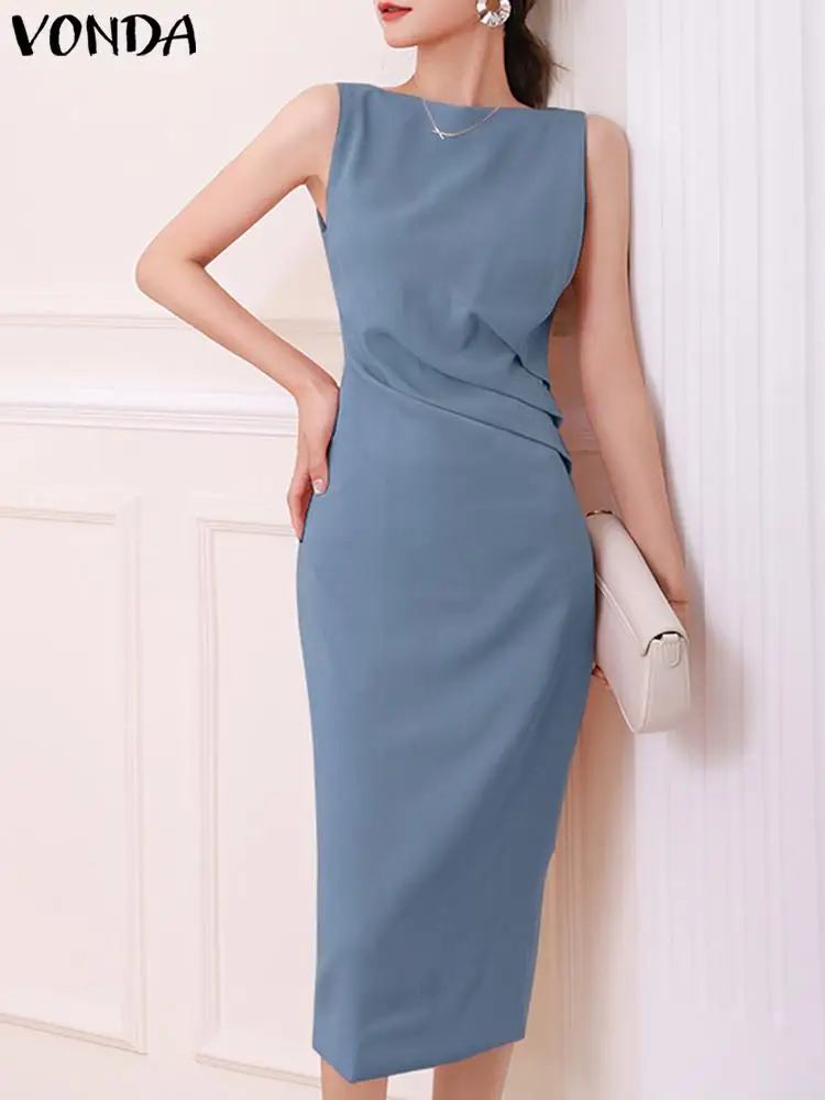 

VONDA Elegant OL Dress Women Sexy Summer Sundress 2023 Fashion Casual Sleeveless Solid Color Zipper Pleated Midi Vestidos Robe