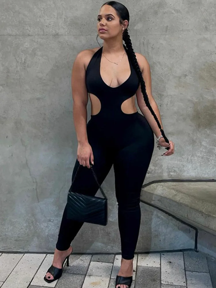 

Summer Sexy Halter Jumpsuit Women Casual Rompers Fashion Backless Sleeveless Slim Fit Jumpsuits Women Hollow Out Ladies Overalls