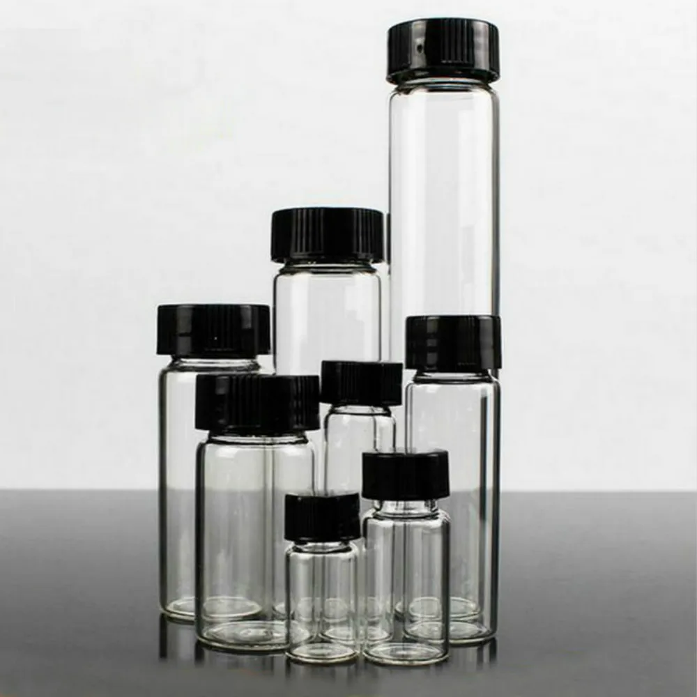 

20pcs/pack 3ml to 60ml Clear Glass sample bottles with black plastic screw cap, essential oil bottle for lab use