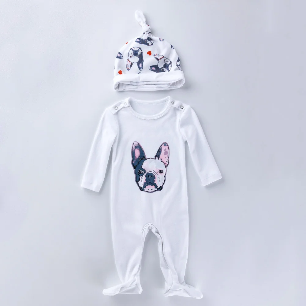 

High Quality Autumn Baby Boy Girl Casual Clothes 2pcs Set Infant Toddler Baby Animal Dog Printed Romper+Cap Outfit Set Clothes