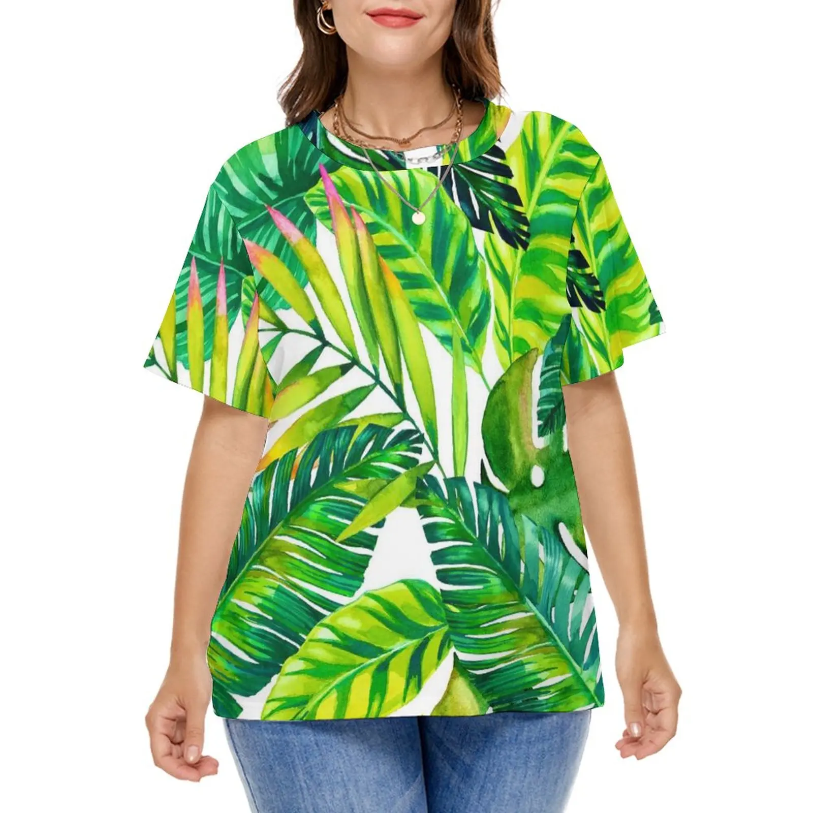 Green Palm Leaves T-Shirts Tropical Plants Print Classic T Shirt Short Sleeve Women Hip Hop Tshirt Summer Clothes Plus Size 5XL