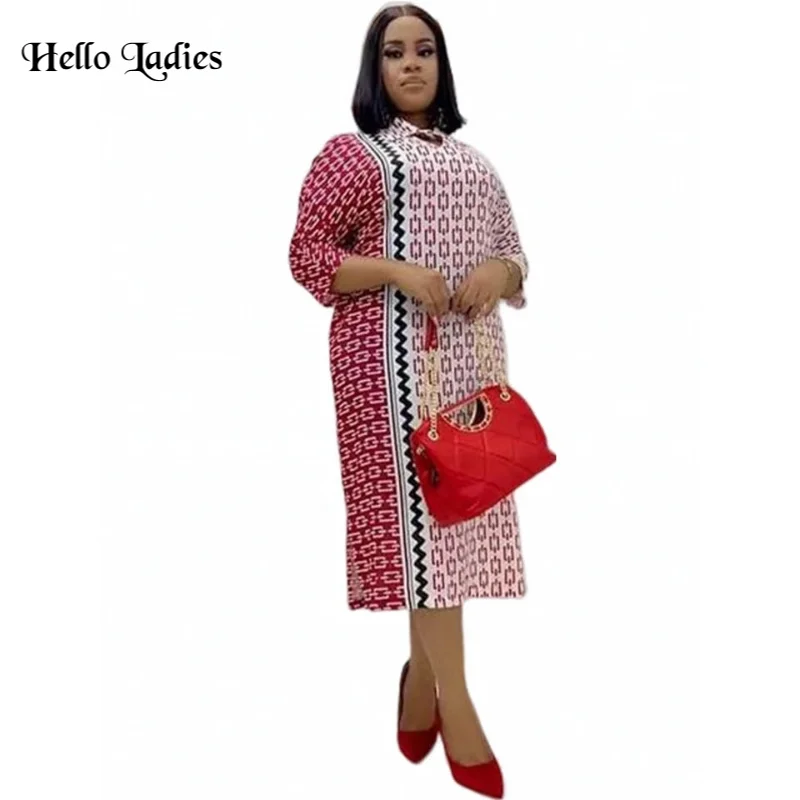 

HL Plus size African Print Midi Dress 2023 Women Summer Casual 3/4 Sleeve Pleated Dresse lady Ruffled Hem Bohemian Vestidos Robe