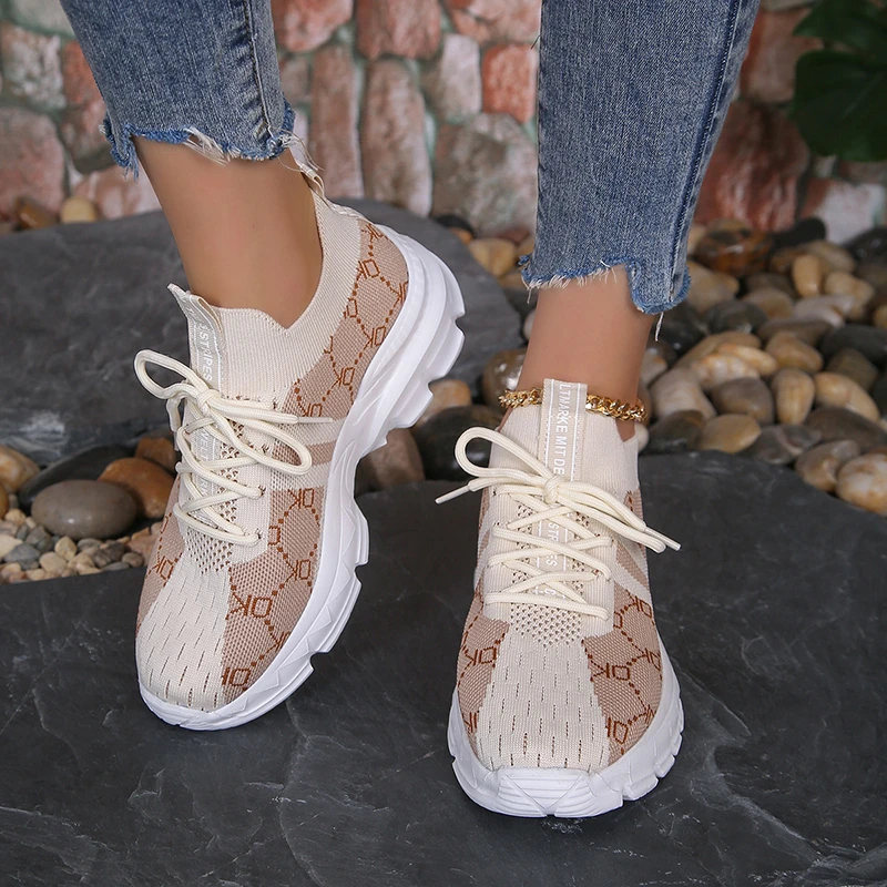 

Women's Lightweight Vulcanized Shoes 2023 Summer New Mesh Breathable Women's Sneakers Lace Up Platform Women's Knitted Flats