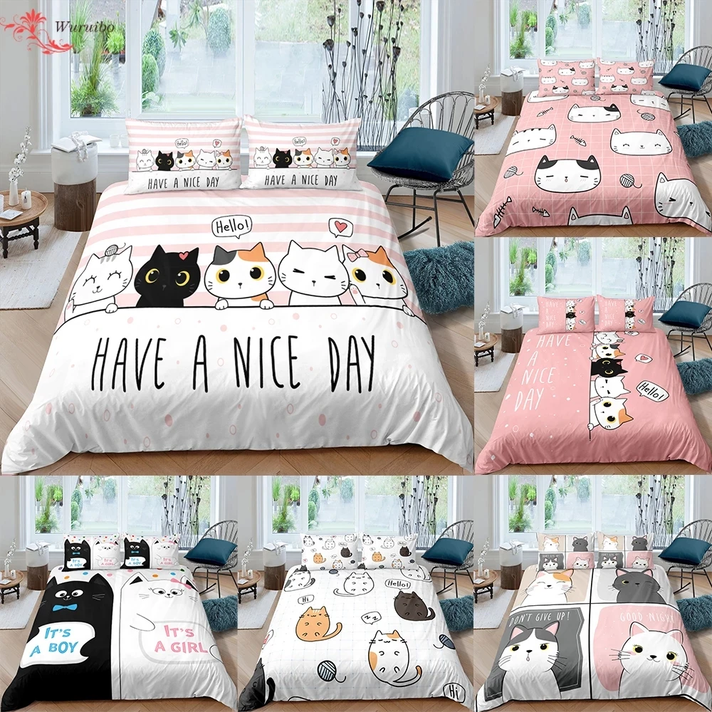 

Cute Pet Cats Bedding Set Cartoon Kitten Printed Duvet Cover Pillowcase Set For Girl Twin Full King Double Sizes Home Bedclothes