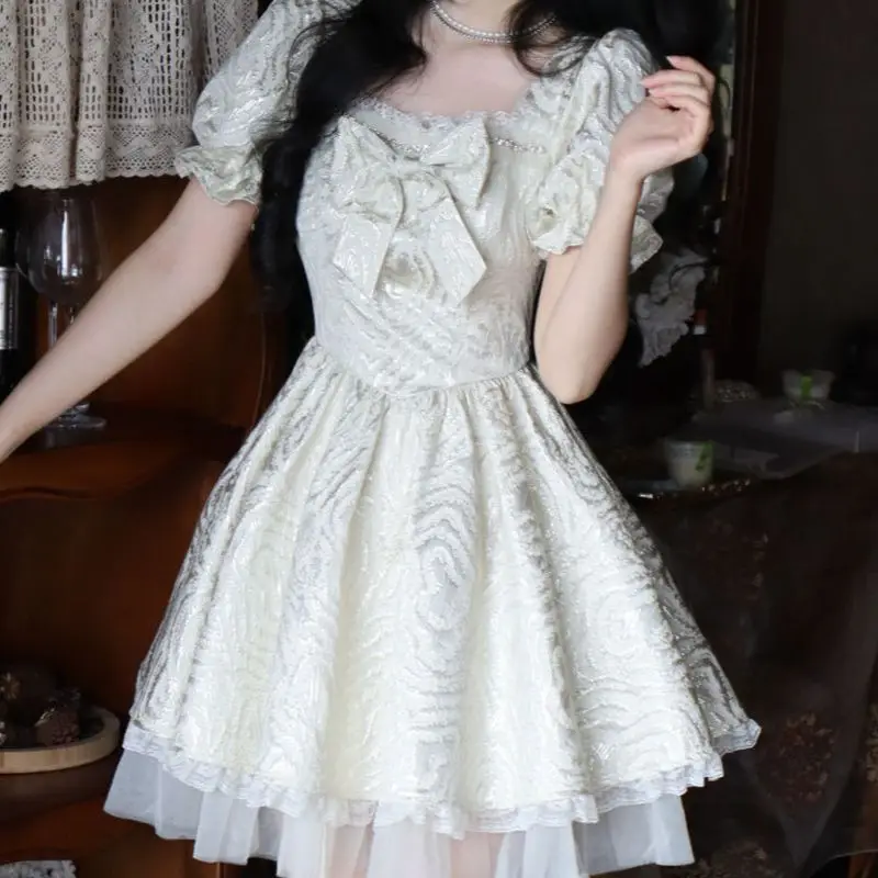

Summer French Vintage Square Neck Design Dress Cinched Waist Premium Sense Temperament Puff Sleeve Princess Skirt