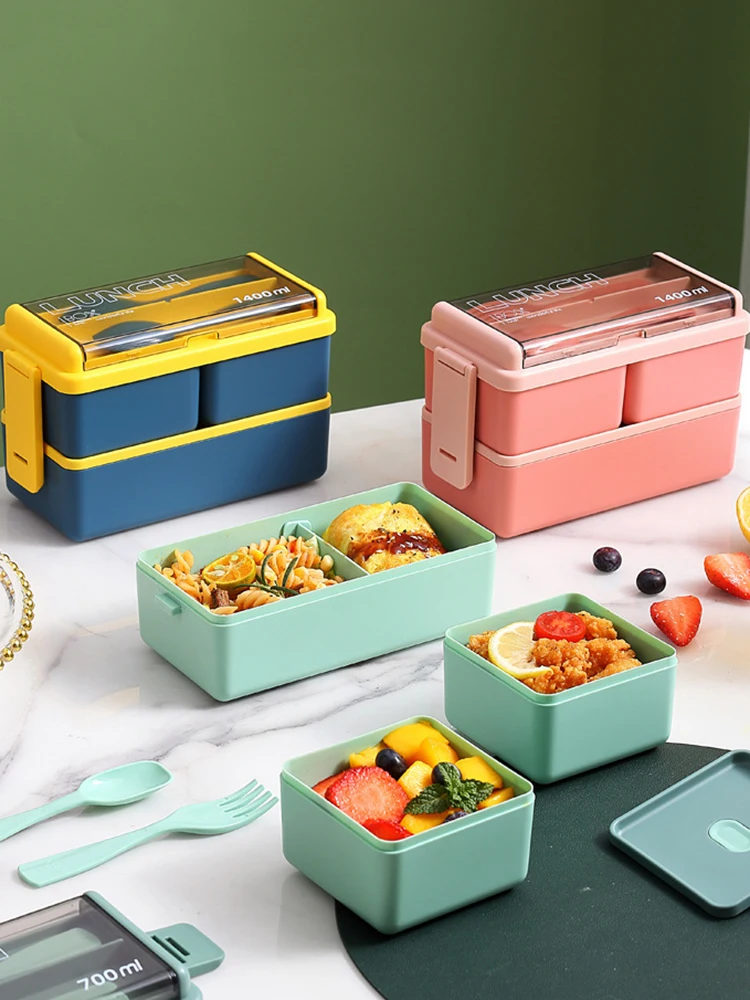 

1400ml Double Layer Lunch Box Microwave Food Storage Containers Leak Proof Bento Box for Students Kids Office Woker Tableware